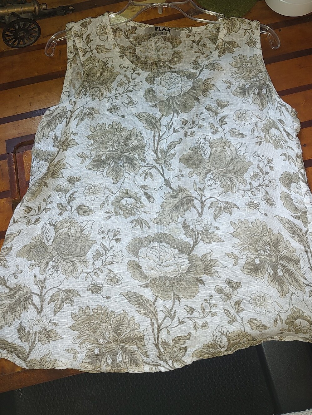 Flax Beige Floral Linen Sleeveless Tank on Cream Semi Sheer